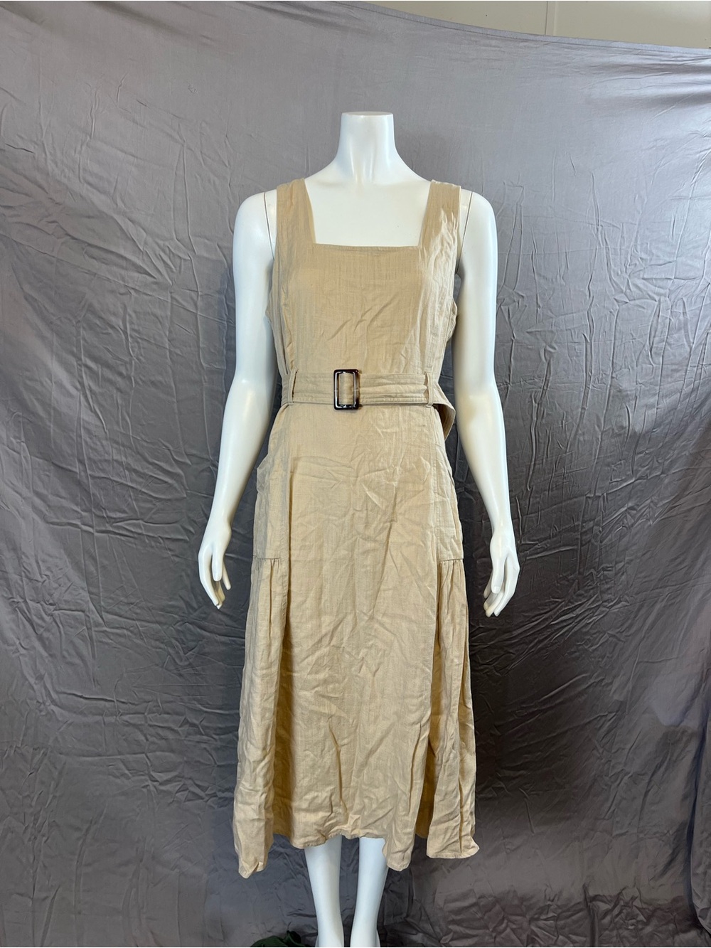 Maison Tara Beige Square-Neck Belted Midi Dress